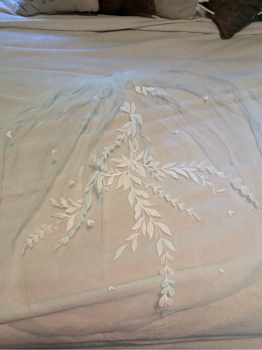 White Sheer Embroidered Bridal Veil with Leaf Appliqué